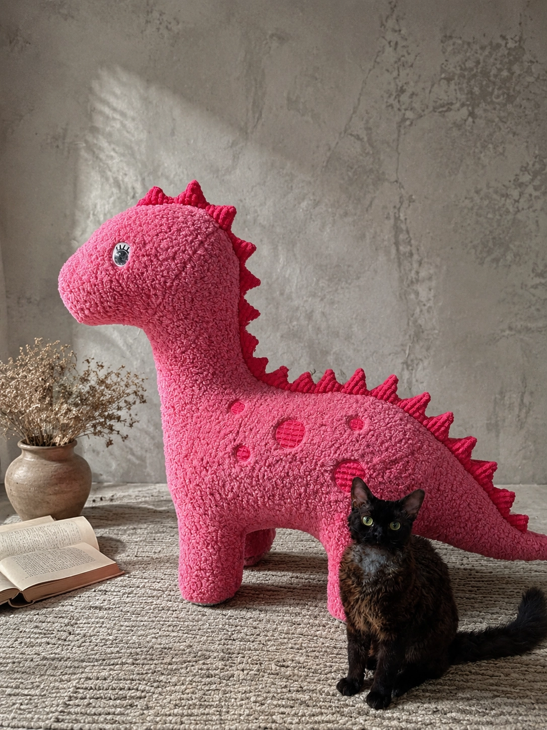 3 ft Pink Embroidered Dinosaur Cat Tree - Curly Plush Fabric